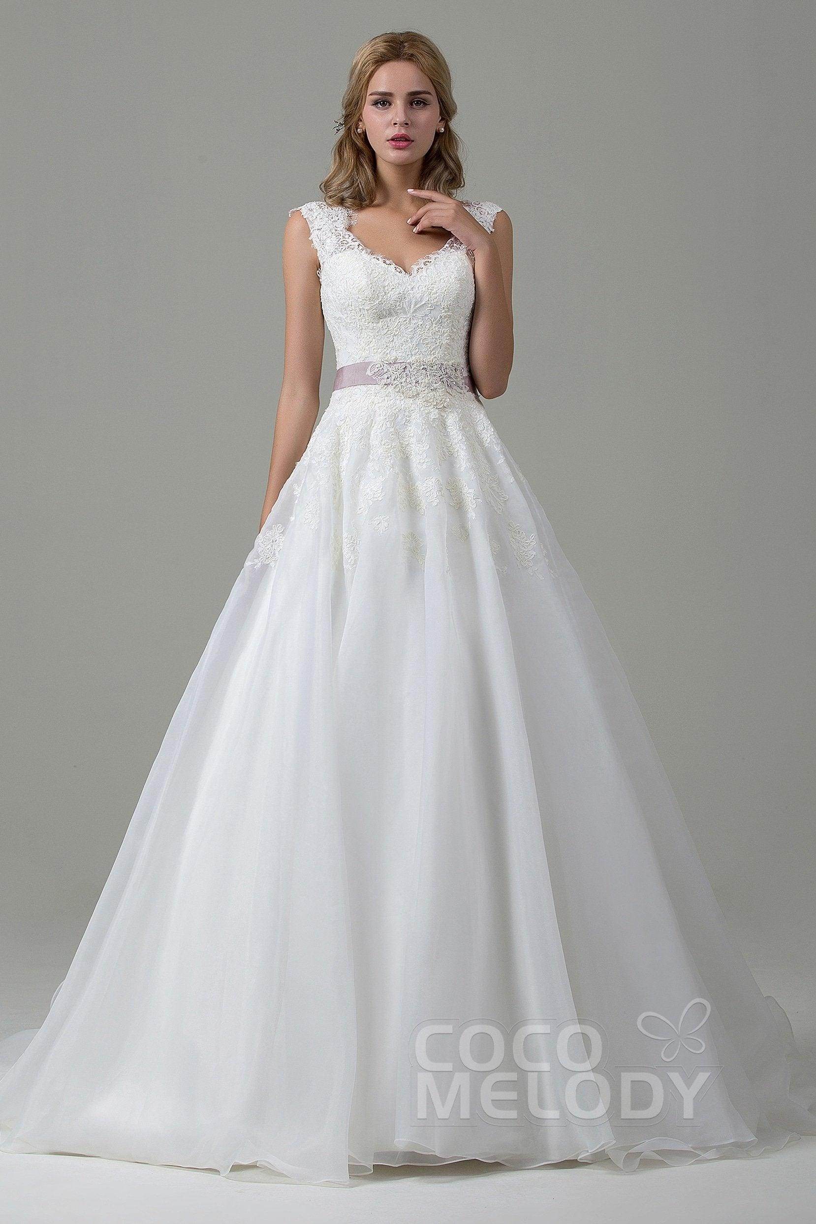 A-Line Court Train Lace and Organza Wedding Dress CWZT15007 - COCOMELODY